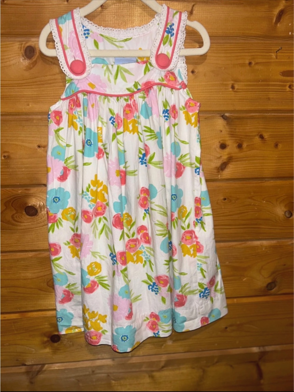 Girls Sleeveless Floral Cotton Dress in White with Pink and Blue Accents